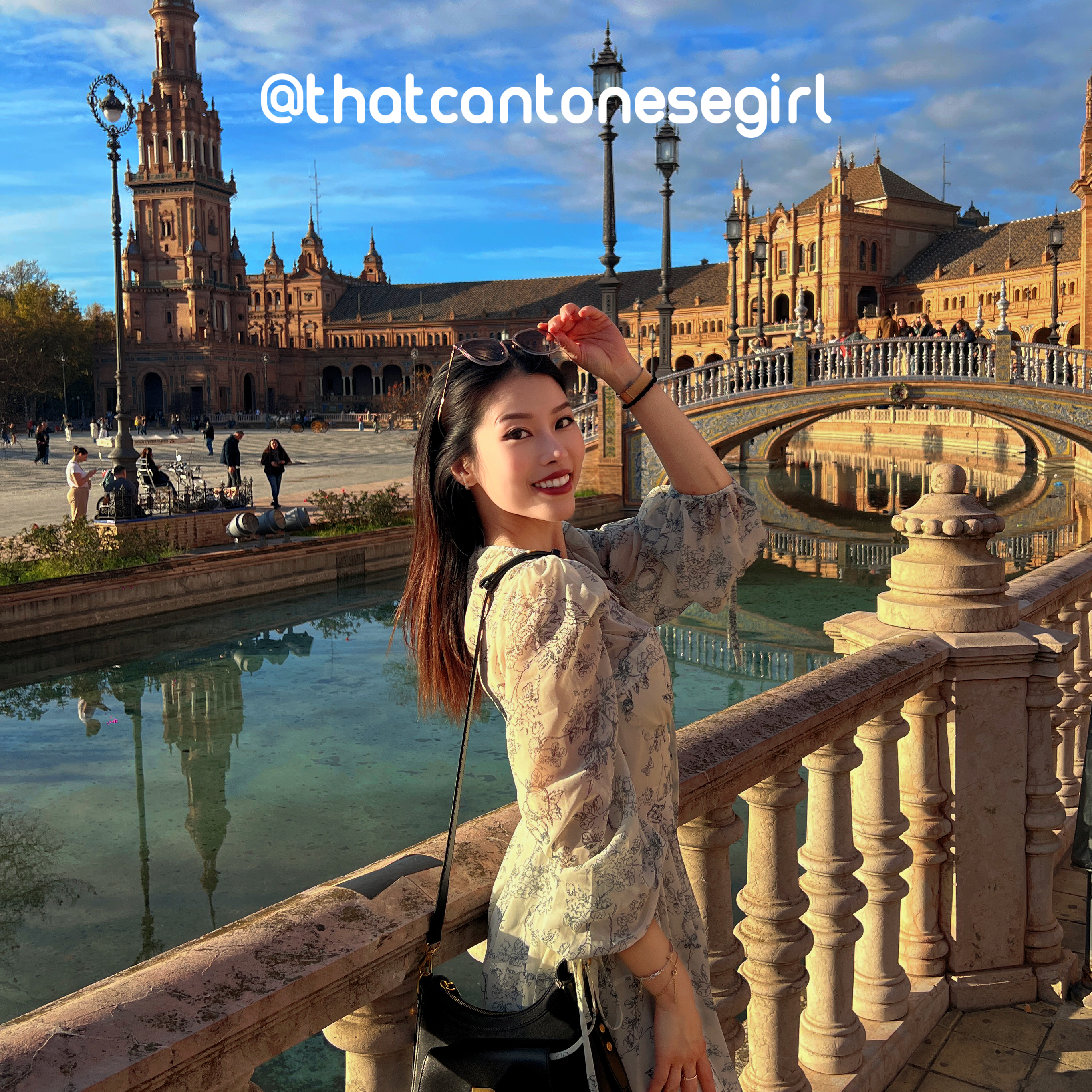Emely smiling at Plaza de España, Seville